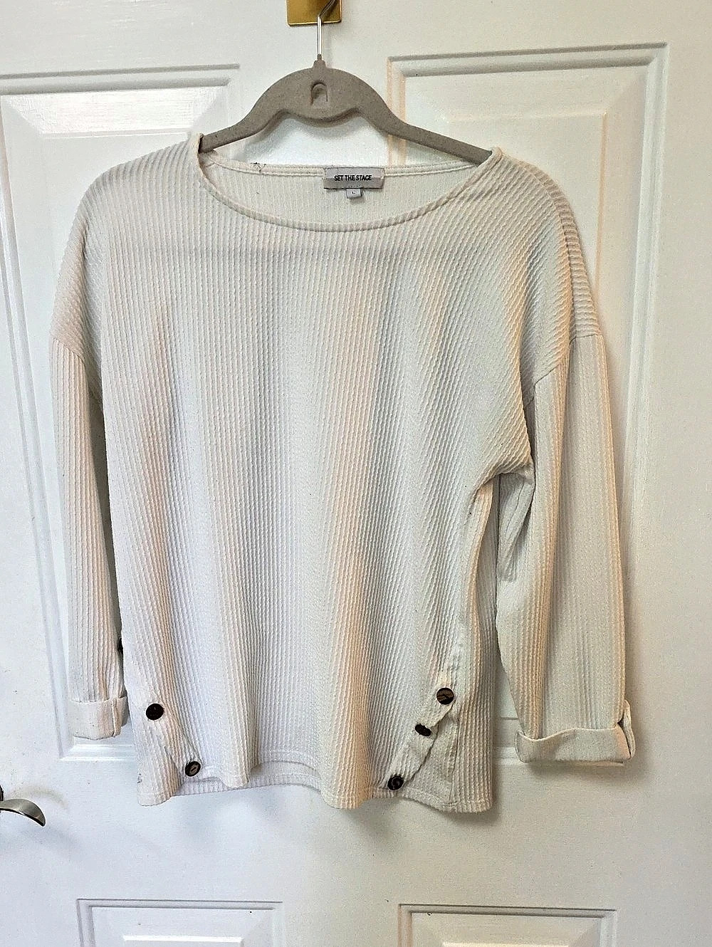 Set the Stage Ribbed Button-Detail Sweater in White Large